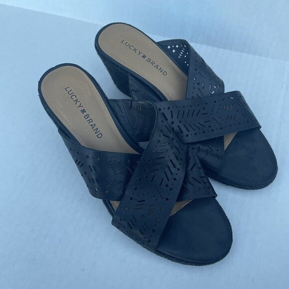 Lucky Brand Womens Keela Leather Open Toe Casual Espadrille Black Size 8M​​​​​​ - Picture 2 of 5